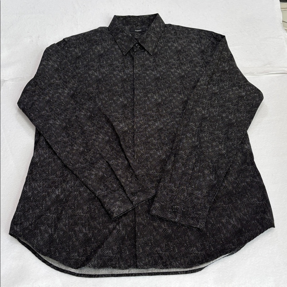 Theory Button Down Shirt Men Black Geometric Hidden Buttons Long Sleeve L Sharp